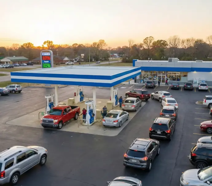 A busy gas station at sunset with a long line of cars waiting for fuel.